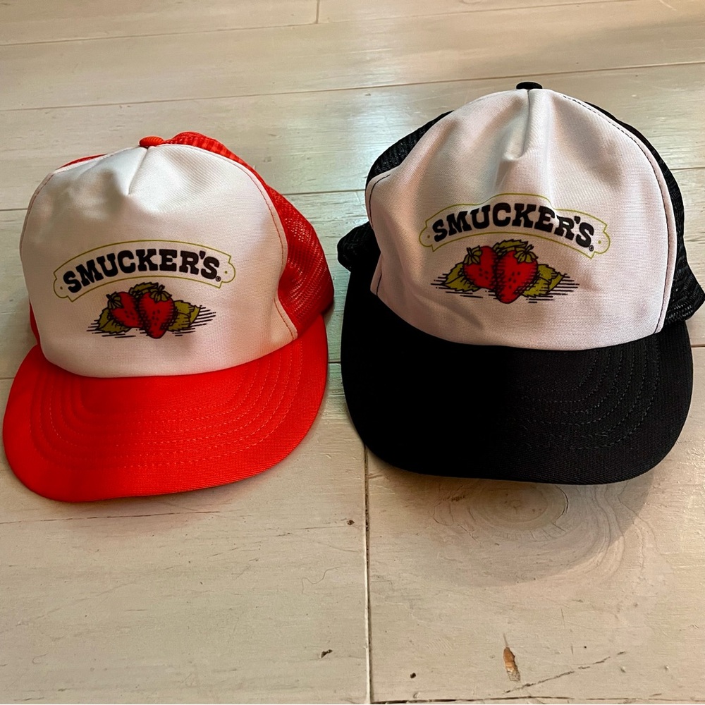 Smucker’s Vtg 80’s Ball Caps Lot of 2 Orange Black Adj Back Orrville OH Logo